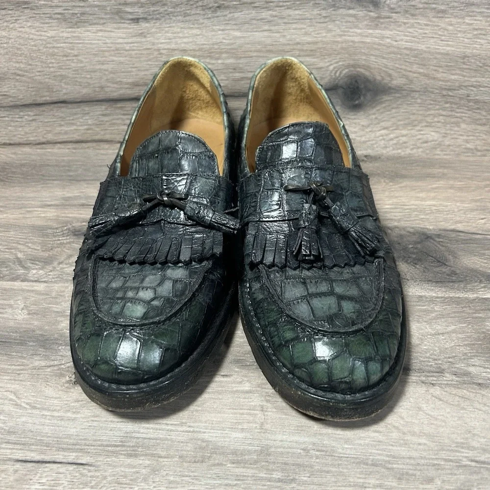 Jo Ghost Mens Green Leather‎ Loafers Size 41  Crocodile Print Square Dress Shoes